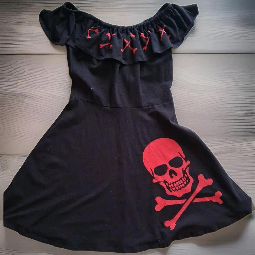 Kreepsville 666  Skull Crossbones Gothic Punk Horror Peasant Skater Dress S